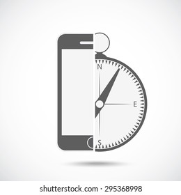Abstract symbol concept. Mobile phone silhouette and compass.