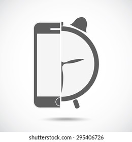 Abstract symbol concept. Mobile phone silhouette and alarm clock.