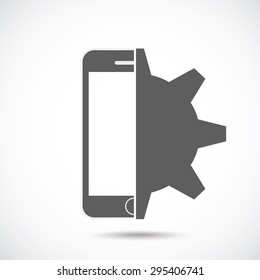 Abstract symbol concept. Mobile phone silhouette and gear.