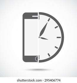 Abstract symbol concept. Mobile phone silhouette and clock.