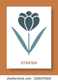 Abstract symbol of crocus flower. Simple minimal style of crocus petals and branch with leaves for social media, cards, mobile concepts, business, posters and web design. Vector illustration.