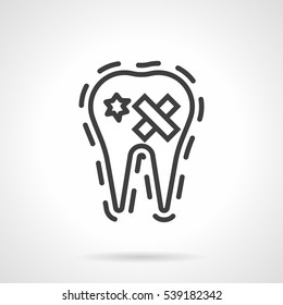 Abstract symbol of damaged or decay tooth with caries hole and crossed sign. Simple line style vector icon