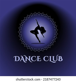 Abstract symbol of a dancing girl in the form of a logo. The inscription DANCE CLUB on a blue gradient background. Symbol, dance club logo, badge. Color vector illustration.