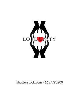 Símbolo abstracto diseño de unidad con manos e icono del corazón