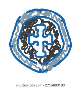 Desenho de símbolo abstrato com uma cruz azul no centro, rodeado por linhas escuras emaranhadas, todas fechadas dentro de um escudo em camadas como forma com contornos azuis e cinzas