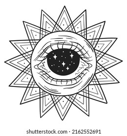 Abstract symbol with an eye, triangles and dots in a circle. Eyeballs with dark sky and stars. Spiritual mystical art. Vector conceptual illustration. Modern design, tattoo sketch or trendy print
