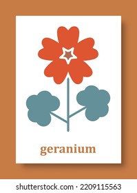 Abstract symbol of geranium flower. Simple minimal style of geranium petals and branch with leaves for social media, cards, mobile concepts, business, posters and web design. Vector illustration.