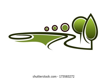 Abstract symbol of a green area, with trees, alleys and grass, graphic symbol of parks or healthy environment, isolated on white background