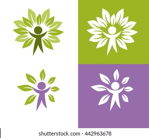 Abstract symbol with green man tree illustration. Can be used for nature and ecology care; bio, eco friendly and natural products; vegetarian or healthy logo concepts.