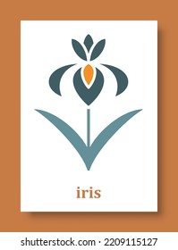 Abstract symbol of iris flower. Simple minimal style of iris petals and branch with leaves for social media, cards, mobile concepts, business, posters and web design. Vector illustration.