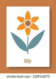 Abstract symbol of lily flower. Simple minimal style of lily petals and branch with leaves for social media, cards, mobile concepts, business, posters and web design. Vector illustration.