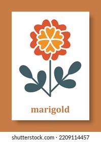 Abstract symbol of marigold flower. Simple minimal style of marigold petals and branch with leaves for social media, cards, mobile concepts, business, posters and web design. Vector illustration.