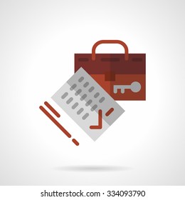 Abstract symbol for paper work, office or business. Red suitcase and contract. Flat color vector icon. Single element of web design for site or mobile app.