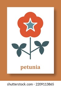 Abstract symbol of petunia flower. Simple minimal style of petunia petals and branch with leaves for social media, cards, mobile concepts, business, posters and web design. Vector illustration.