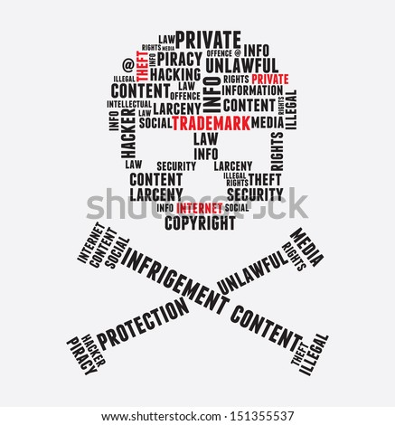 Abstract symbol of piracy skull with bones contains words. Concept of internet piracy - vector illustration