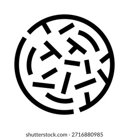Símbolo abstrato que representa bactérias, vírus ou micro-organismos flutuando dentro de uma placa circular de petri, para conceitos de microbiologia, ciência, medicina ou laboratório