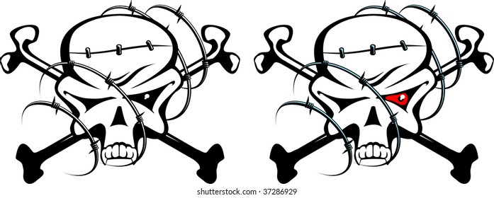 Abstract symbol with skull, crossbones and barbed wire in vector format. Red, blue, black and white.