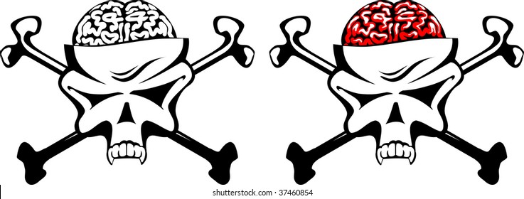 Abstract symbol with skull, crossbones and brain in vector format. Red, black and white.