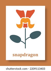 Abstract symbol of snapdragon flower. Simple minimal style of snapdragon petals and branch with leaves for social media, cards, mobile concepts, business, posters and web design. Vector illustration.