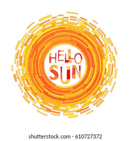 Abstract symbol of the sun. Vector illustration for magazine, poster, book cover, banner, flyer, booklet. Rays in the form of stripes. Hello sun.