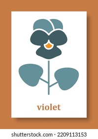 Abstract symbol of violet flower. Simple minimal style of violet petals and branch with leaves for social media, cards, mobile concepts, business, posters and web design. Vector illustration.