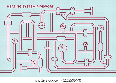 Abstract Symbolic Heating System Pipework Outline Stroke Style - Red Water Supply Pressure Meters Valves Filters and Connections on Turquoise Dots Wallpaper Background - Vector Flat Graphic Design
