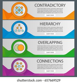 Abstract symbols banner templates set. Contradictory, hierarchy, overlapping, connections website menu items. Color polygonal web banner concepts. Vector backgrounds