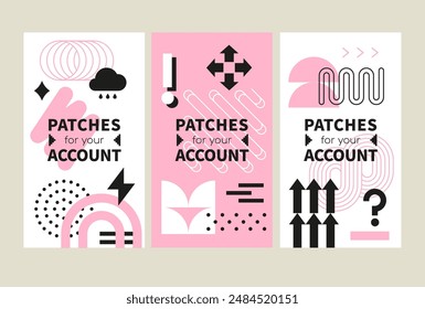 Abstract symbols for communication - set of vector template illustrations on white background with place for your info. Pink colors. Three vertical posters of high quality for your business