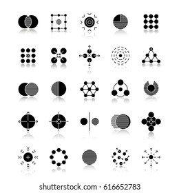 Abstract symbols drop shadow black icons set. Logo ideas for business, science, IT industries. Half, connections, sharing, expansion, opposite, movement, concentration. Isolated vector illustrations