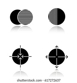 Abstract symbols drop shadow black icons set. Overlapping, half, aiming, expansion concepts. Isolated vector illustrations