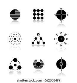 Abstract symbols drop shadow black icons set. Part, structure, expansion, influence, hierarchy, attraction, sharing, vulnerability, aiming concepts. Isolated vector illustrations