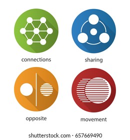 Abstract symbols flat design long shadow glyph icons set. Sharing, connections, opposite, movement concepts. Vector silhouette illustration