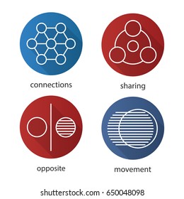 Abstract symbols flat linear long shadow icons set. Sharing, connections, opposite, movement concepts. Vector outline illustration