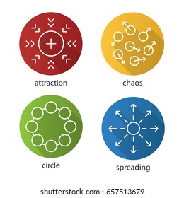 Abstract symbols flat linear long shadow icons set. Attraction, chaos, circle, spreading concepts. Vector outline illustration