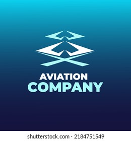 Abstract Symbols Of Flying Planes In The Form Of A Logo. The Inscription AVIATION COMPANY On A Blue Gradient Background. Symbol, Airline Logo, Badge.  Color Vector Illustration.