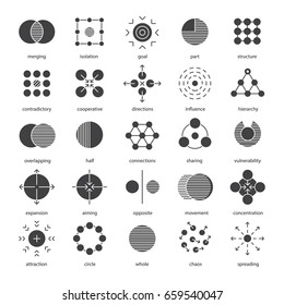 Abstract symbols glyph icons set. Silhouette symbols. Logo ideas for business, science, IT industries. Connections, sharing, expansion, opposite, movement, concentration. Vector isolated illustration
