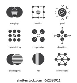 Abstract symbols glyph icons set. Silhouette symbols. Merging, isolation, goal, contradictory, cooperative, directions, overlapping, half, connections concepts. Vector isolated illustration