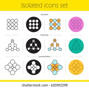 Abstract symbols icons set. Linear, black and color styles. Structure, hierarchy, concentration concepts. Isolated vector illustrations