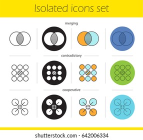 Abstract symbols icons set. Linear, black and color styles. Merging, contradictory, cooperative concepts. Isolated vector illustrations