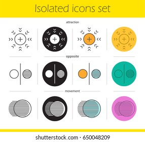 Abstract symbols icons set. Linear, black and color styles. Attraction, opposite, movement concepts. Isolated vector illustrations