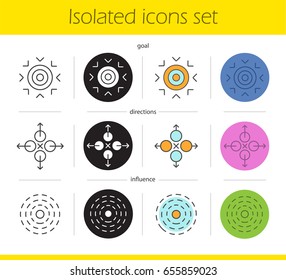 Abstract symbols icons set. Linear, black and color styles. Goal, directions, influence concepts. Isolated vector illustrations
