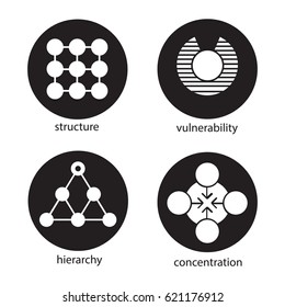 Abstract symbols icons set. Structure, vulnerability, hierarchy, concentration concepts. Vector white silhouettes illustrations in black circles