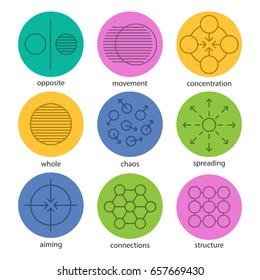 Abstract symbols linear icons set. Opposite, movement, concentration, whole, chaos, spreading, aiming, connections, structure. Thin line outline symbols on color circles. Vector illustrations