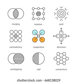 Abstract symbols linear icons set. Merging, isolation, goal, contradictory, cooperative, directions, overlapping, half, connections. Thin line contour symbols. Isolated vector outline illustrations