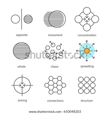Abstract symbols linear icons set. Opposite, movement, concentration, whole, chaos, spreading, aiming, connections, structure. Thin line contour symbols. Isolated vector outline illustrations