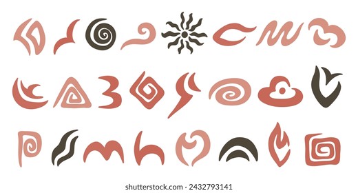 Abstract symbols set, doodle hand drawn shapes of brown terracotta colors isolated on white. Vector clipart symbols for organic, natural or boho design. Magic or rune sign, minimalist logo.