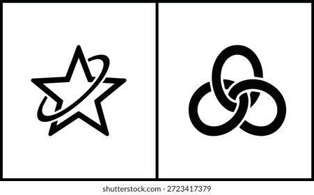 Símbolos Abstractas: estrella con órbita, anillos interconectados. Estos iconos geométricos versátiles son adecuados para proyectos de tecnología, astrología o diseño general.