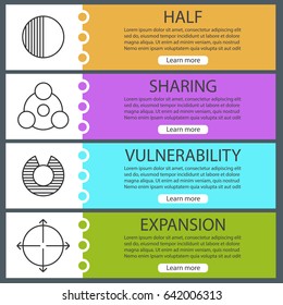 Abstract symbols web banner templates set. Half, sharing, vulnerability, expansion. Website color menu items with linear icons. Vector headers design concepts