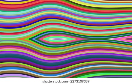 Resumen del patrón colorido simétrico de líneas onduladas en un fondo rosado.Composición en forma de fondo multicolor arbitrario.Ilustración vectorial, EPS 10.Hippie y psicodélico. Estilo gracioso.
