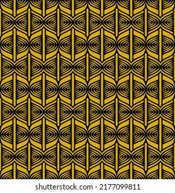 Abstract symmetric curve pattern wallpaper design in gold and black colors. Seamless vector texture paper background. The modern geometric graphic pattern.